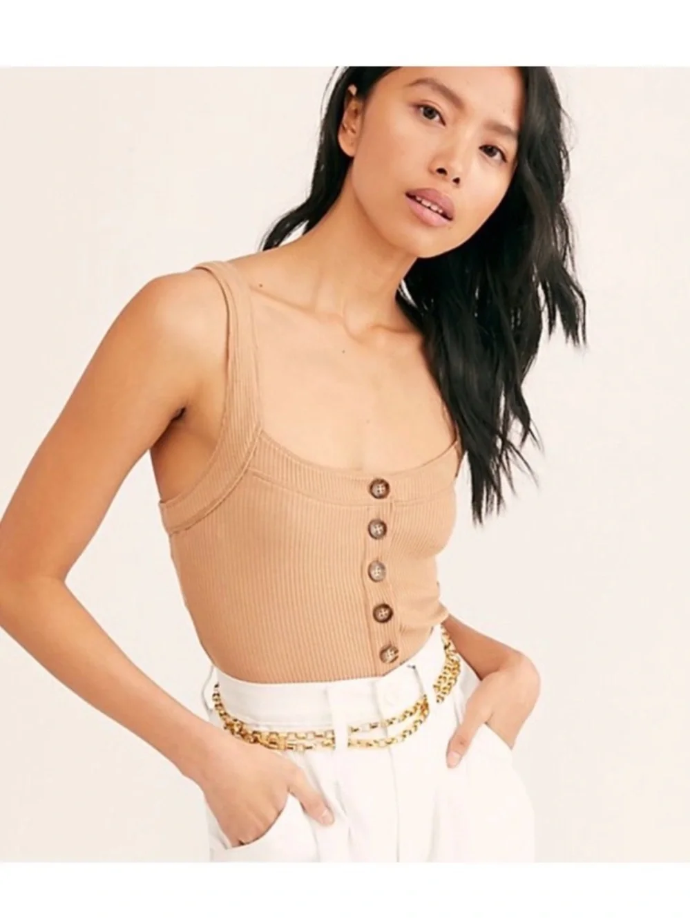 Free People Bridgette Ribbed Tank Top Sleeveless Button-Front Tan Safflower